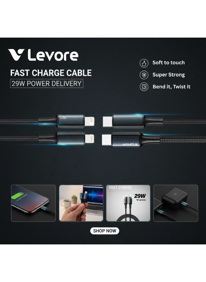 ليفور كابل LEVORE بطول 1 متر، مضفر من النايلون، بقدرة 29 واط، من نوع USB-C إلى Lightning، رقم الموديل LC8413-BL - Image 4
